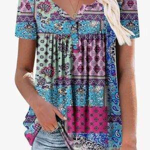 New Women’s Bohemian Multi Print Short Sleeve Relaxed Comfy Pull On Tunic Top XL